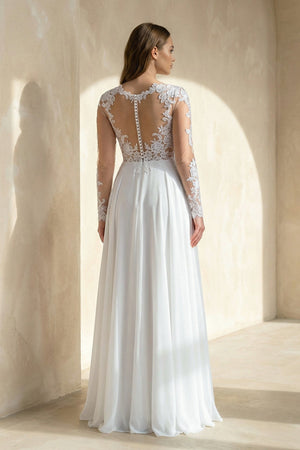 A - Line Long Sleeve Lace Wedding Dress in White - KISS BRIDAL Wedding Dresses