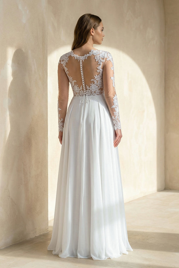 A - Line Long Sleeve Lace Wedding Dress in White - KISS BRIDAL Wedding Dresses