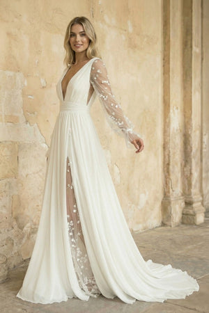 A Line Long Sleeves Chiffon Wedding Dress in Ivory - KISS BRIDAL Wedding Dresses