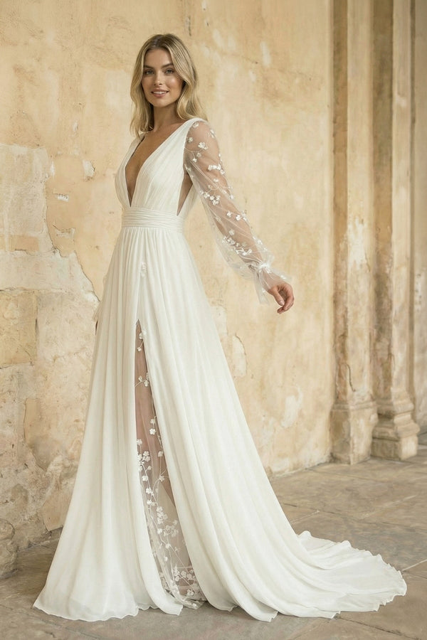 A Line Long Sleeves Chiffon Wedding Dress in Ivory - KISS BRIDAL Wedding Dresses