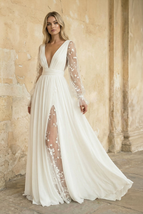 A Line Long Sleeves Chiffon Wedding Dress in Ivory - KISS BRIDAL Wedding Dresses