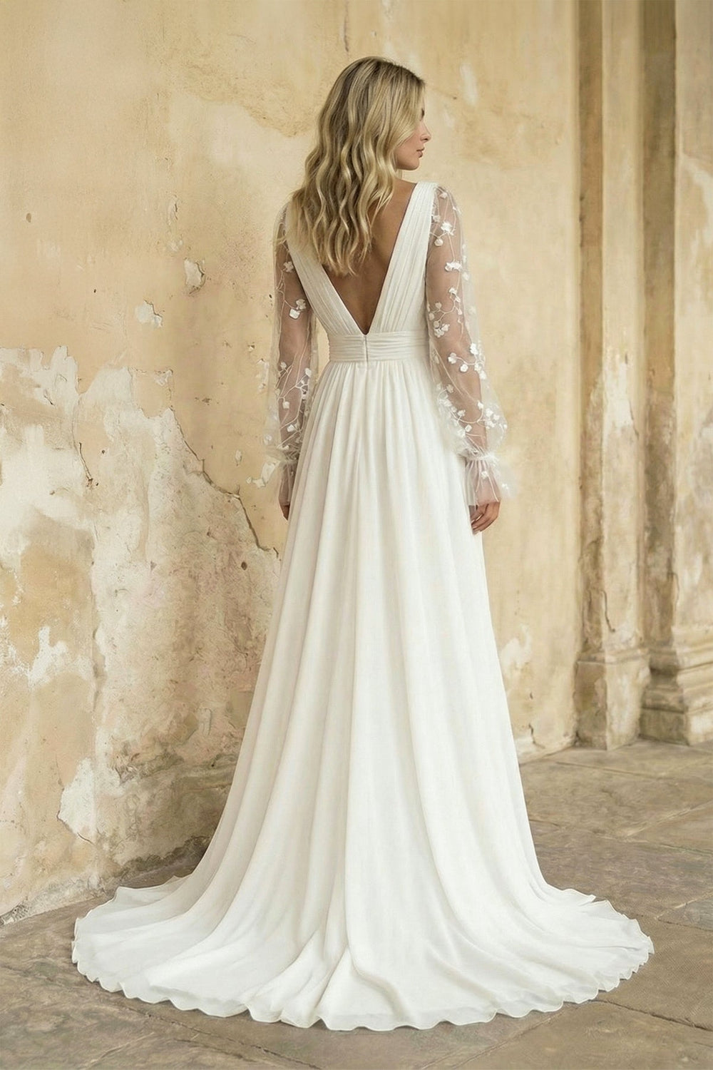 A Line Long Sleeves Chiffon Wedding Dress in Ivory
