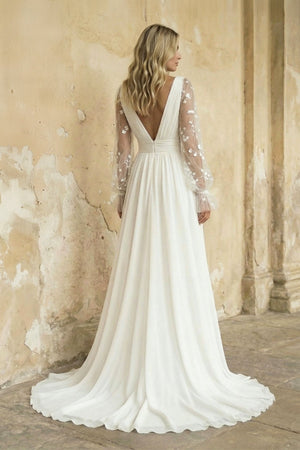 A Line Long Sleeves Chiffon Wedding Dress in Ivory - KISS BRIDAL Wedding Dresses