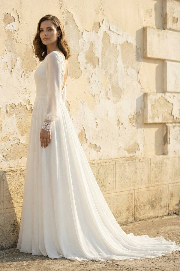 A Line Long Sleeves Chiffon Wedding Dress in White - KISS BRIDAL Wedding Dresses