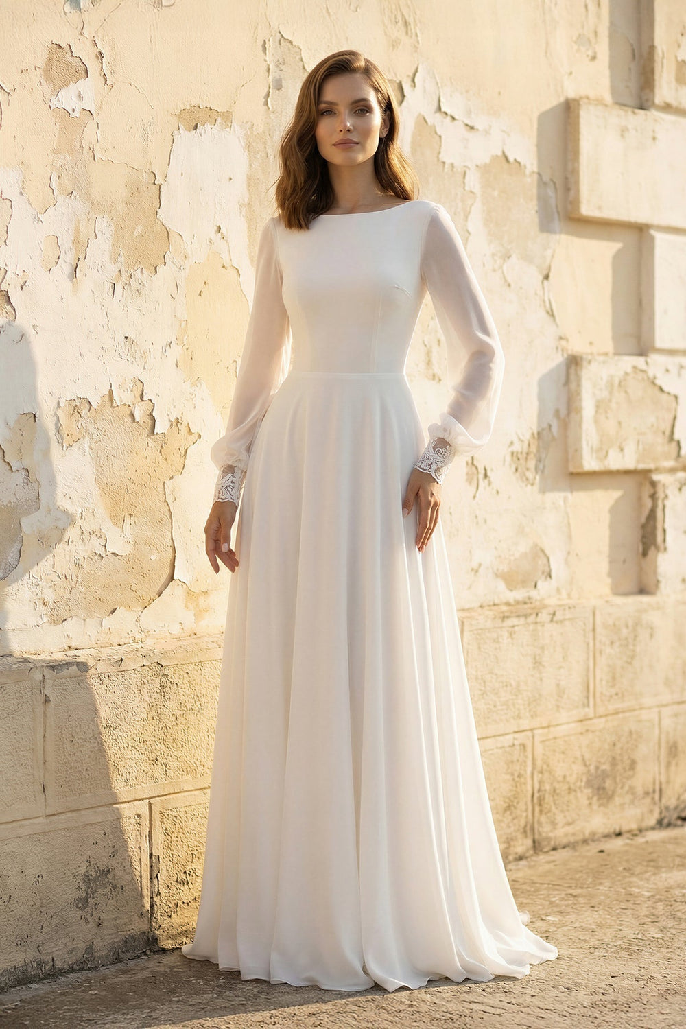 A Line Long Sleeves Chiffon Wedding Dress in White
