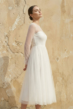 A Line Long Sleeves Chiffon Wedding Dress in White - KISS BRIDAL Wedding Dresses