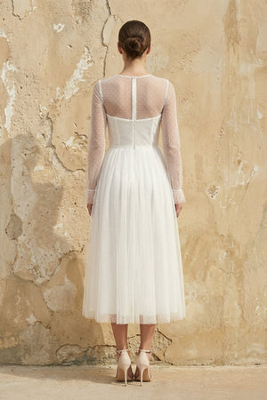A Line Long Sleeves Chiffon Wedding Dress in White - KISS BRIDAL Wedding Dresses