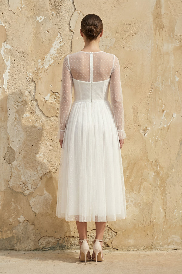 A Line Long Sleeves Chiffon Wedding Dress in White - KISS BRIDAL Wedding Dresses