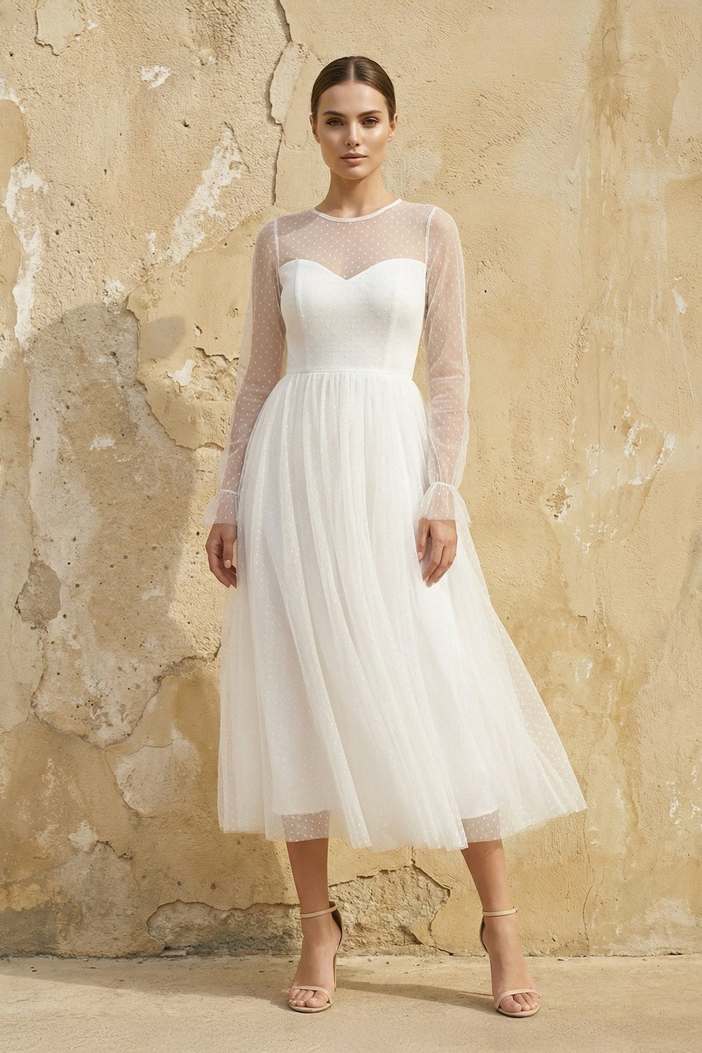 A Line Long Sleeves Chiffon Wedding Dress in White