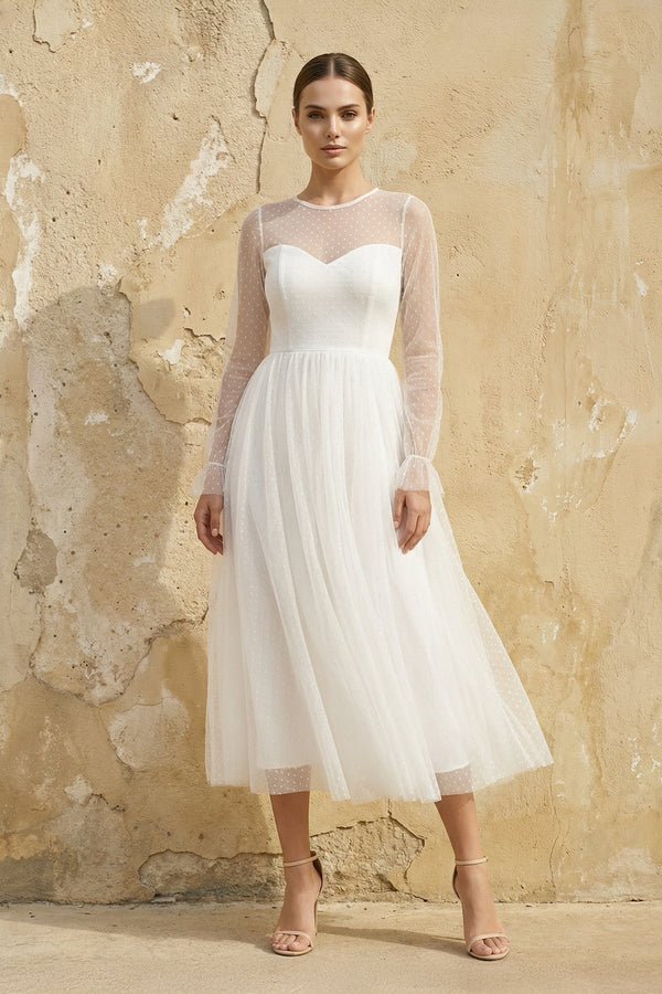 A Line Long Sleeves Chiffon Wedding Dress in White - KISS BRIDAL Wedding Dresses