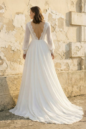 A Line Long Sleeves Chiffon Wedding Dress in White - KISS BRIDAL Wedding Dresses