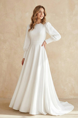 A Line Long Sleeves Satin Wedding Dress in White - KISS BRIDAL Wedding Dresses