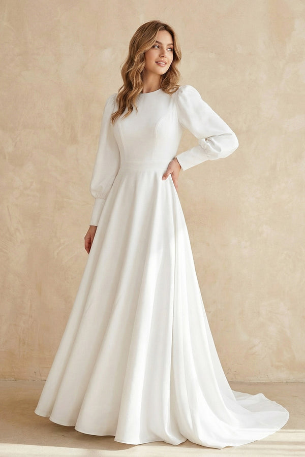 A Line Long Sleeves Satin Wedding Dress in White - KISS BRIDAL Wedding Dresses