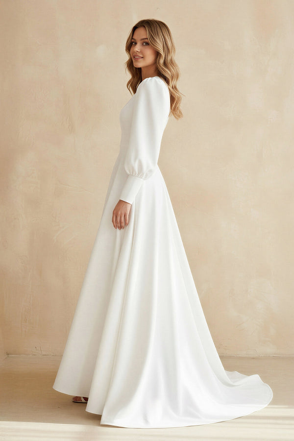 A Line Long Sleeves Satin Wedding Dress in White - KISS BRIDAL Wedding Dresses