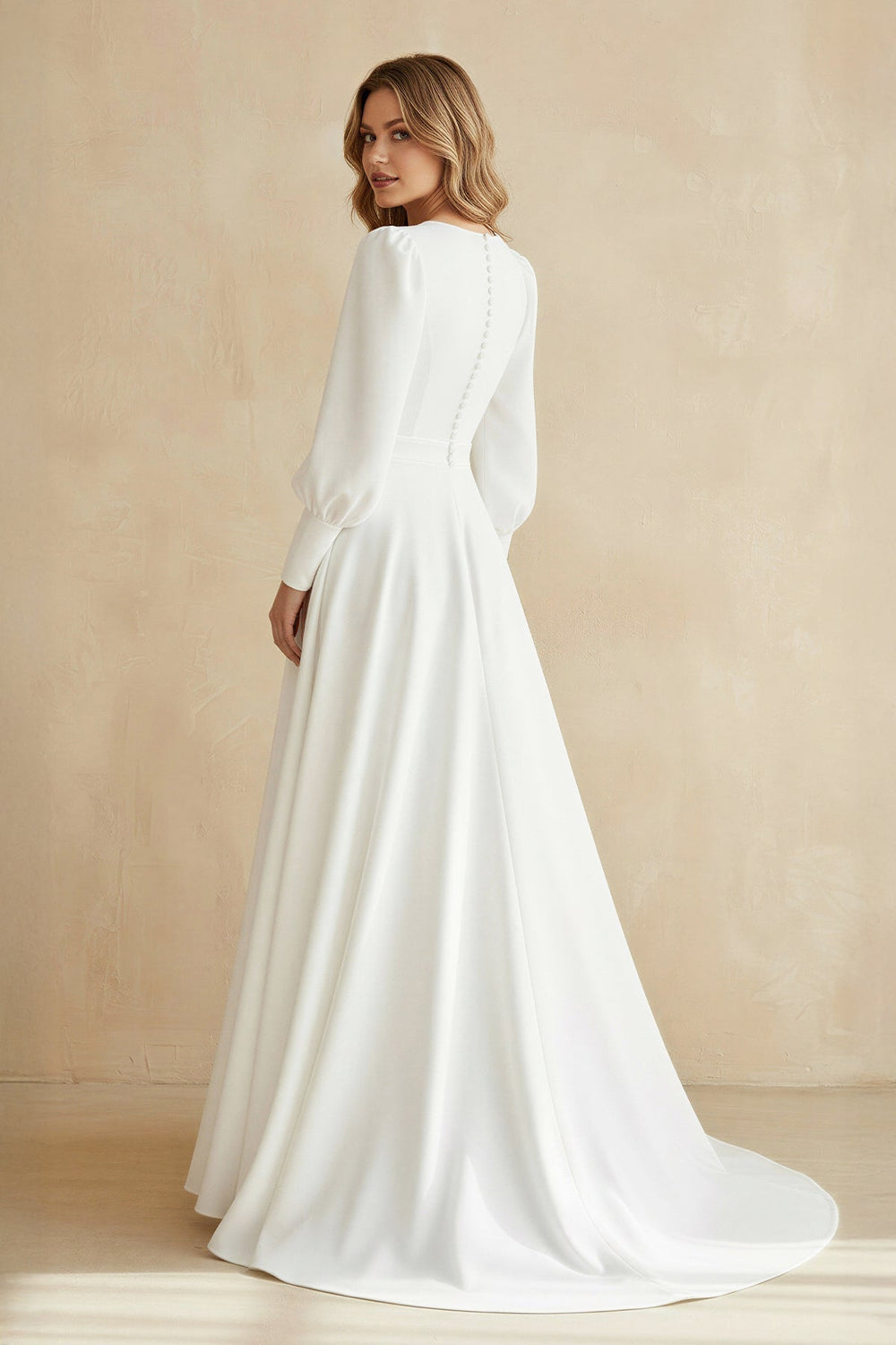 A Line Long Sleeves Satin Wedding Dress in White