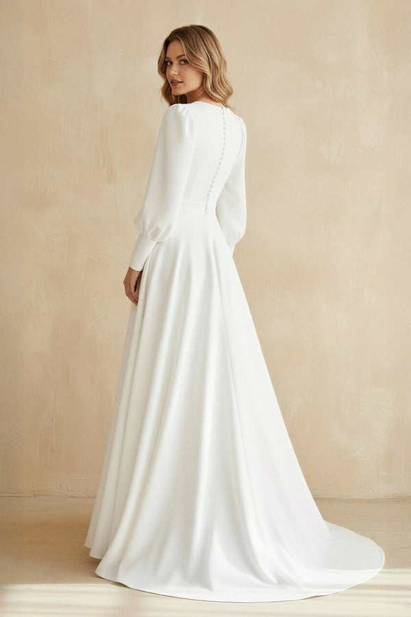 A Line Long Sleeves Satin Wedding Dress in White - KISS BRIDAL Wedding Dresses