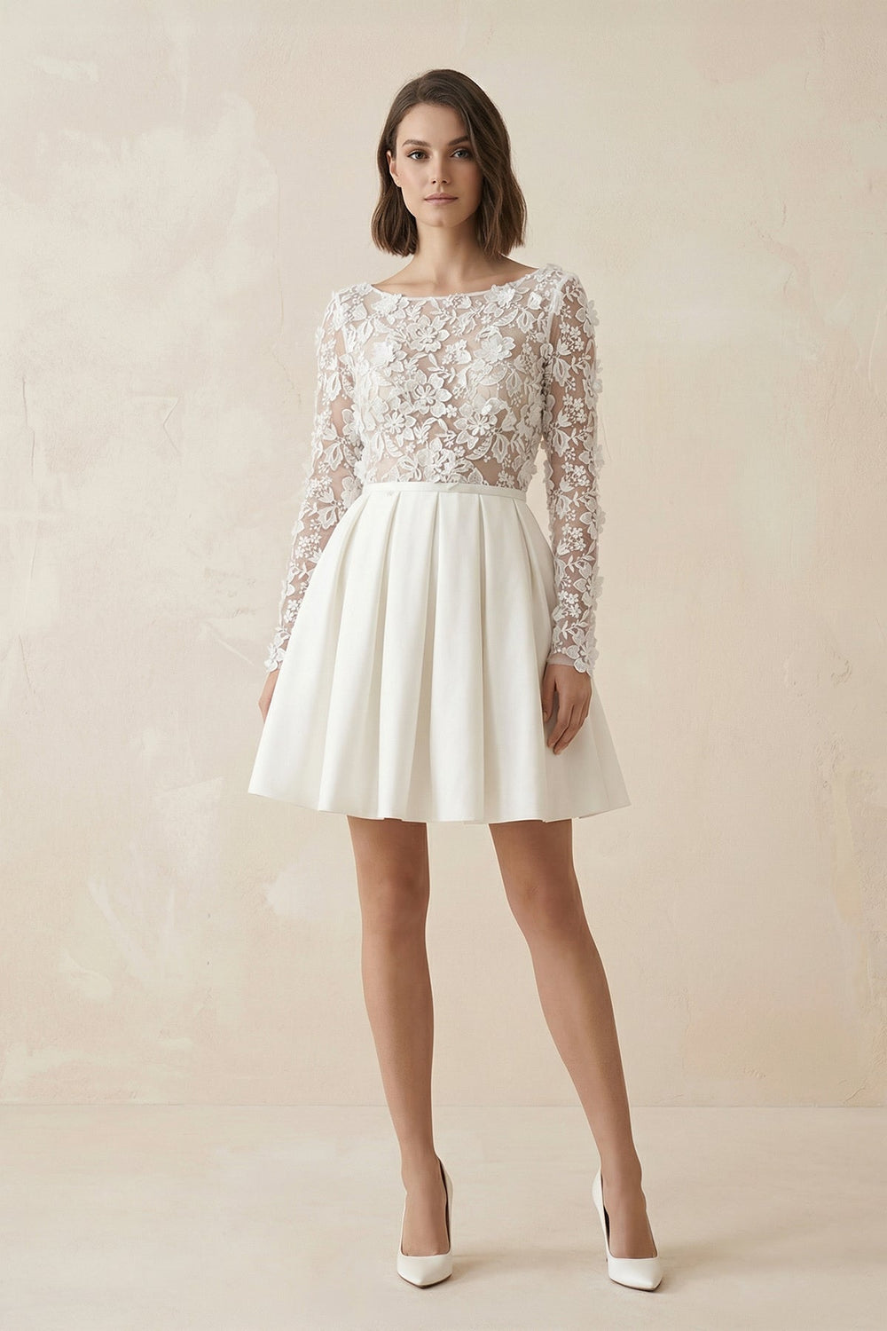 A Line Long Sleeves Appliques Satin Mini Wedding Dress