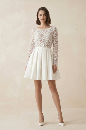 A Line Long Sleeves Satin Wedding Dress With Appliques in Ivory - KISS BRIDAL Wedding Dresses