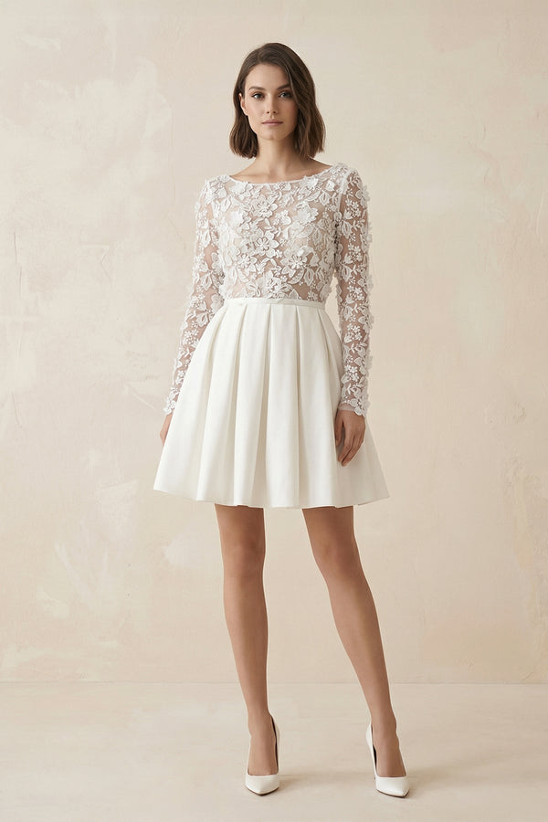 A Line Long Sleeves Satin Wedding Dress With Appliques in Ivory - KISS BRIDAL Wedding Dresses