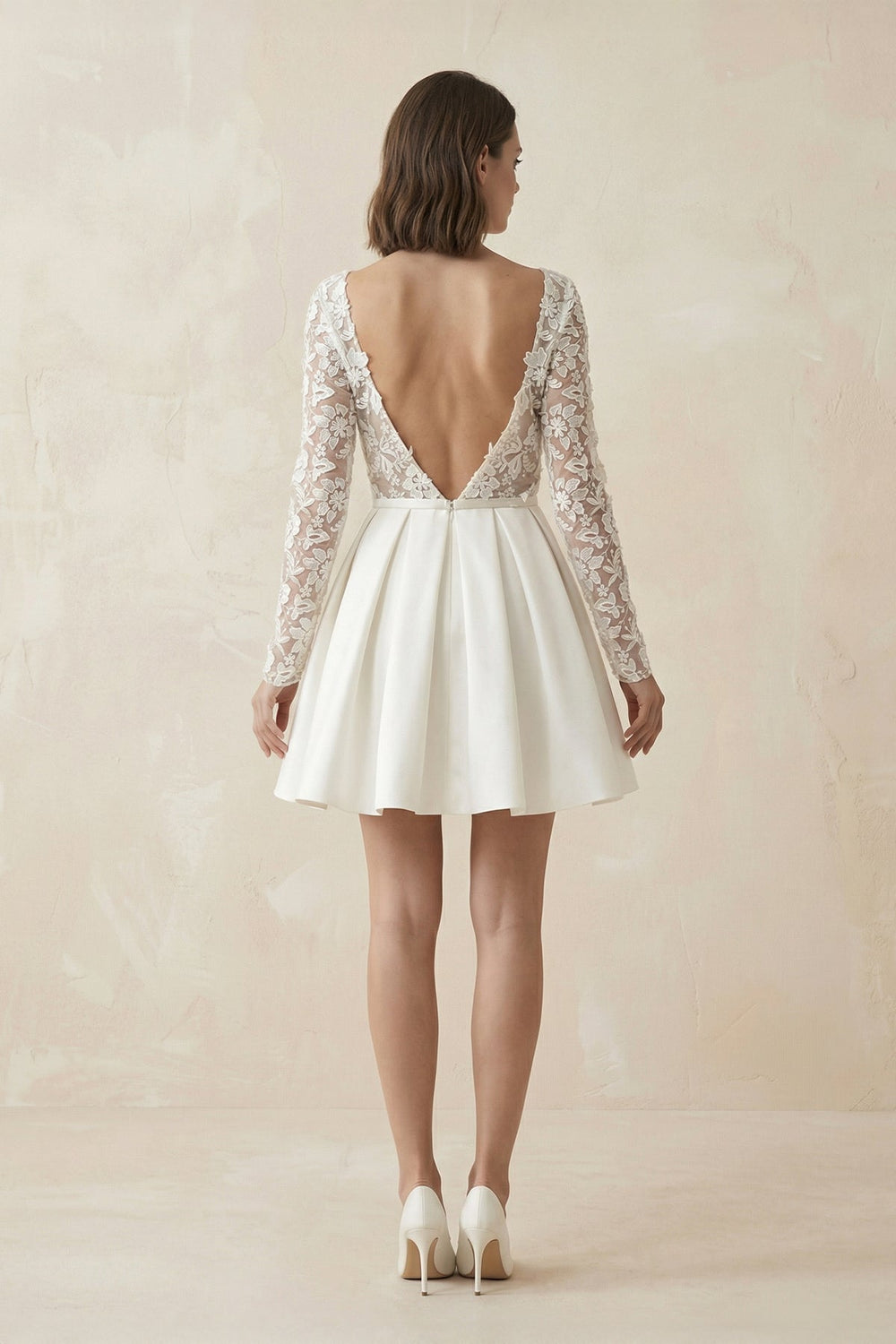 A Line Long Sleeves Appliques Satin Mini Wedding Dress