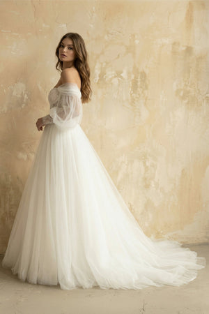 A Line Long Sleeves Tulle Wedding Dress With Appliques in Ivory - KISS BRIDAL Wedding Dresses