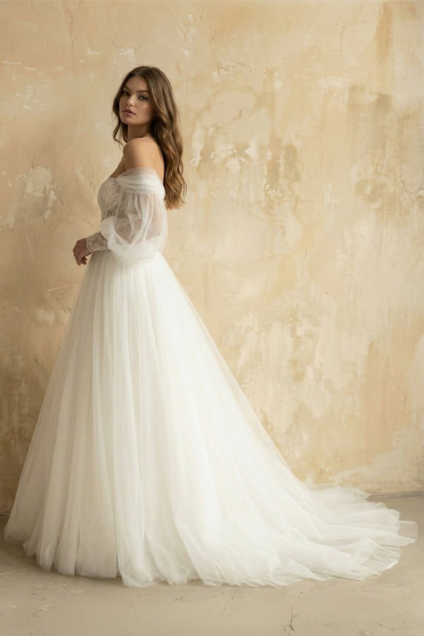 A Line Long Sleeves Tulle Wedding Dress With Appliques in Ivory - KISS BRIDAL Wedding Dresses