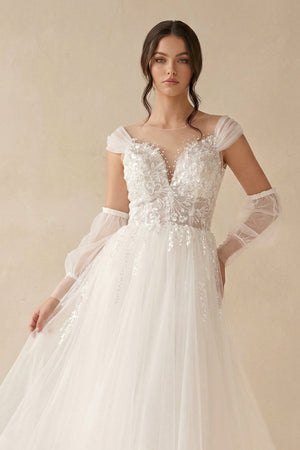 A - Line Long Sleeves Tulle Wedding Dresses With Appliques - KISS BRIDAL Wedding Dresses
