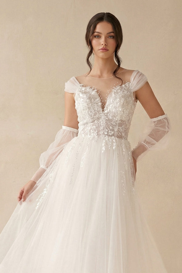 A - Line Long Sleeves Tulle Wedding Dresses With Appliques - KISS BRIDAL Wedding Dresses
