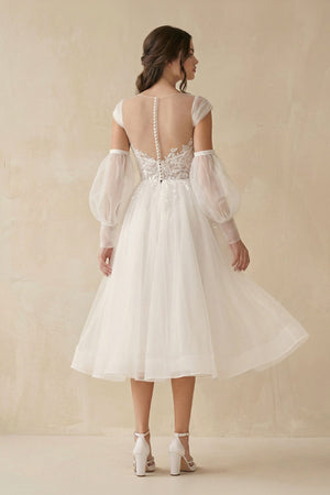 A - Line Long Sleeves Tulle Wedding Dresses With Appliques - KISS BRIDAL Wedding Dresses