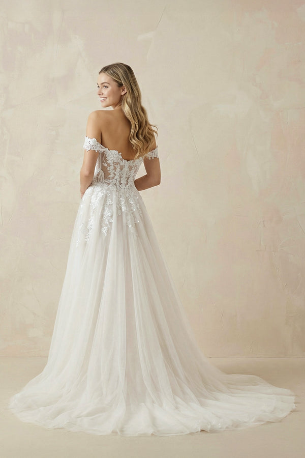A Line Off - the - Shoulder Appliques Wedding Dress in Ivory - KISS BRIDAL Wedding Dresses