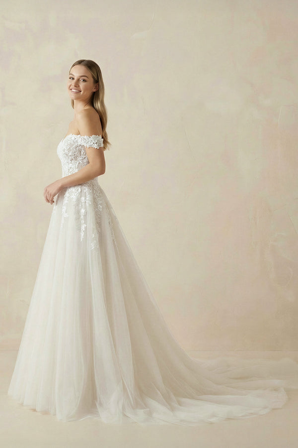 A Line Off - the - Shoulder Appliques Wedding Dress in Ivory - KISS BRIDAL Wedding Dresses
