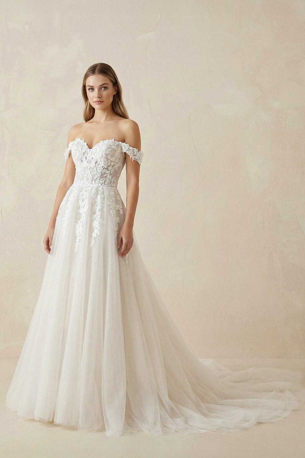 A Line Off-the-Shoulder Appliques Wedding Dress in Ivory