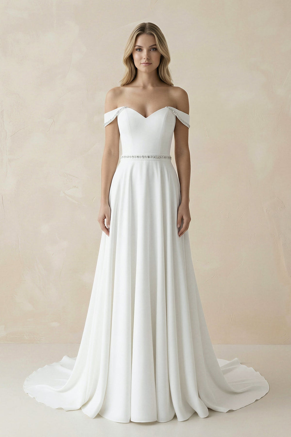 A-Line Off the Shoulder Beaded Belt Wedding Dress