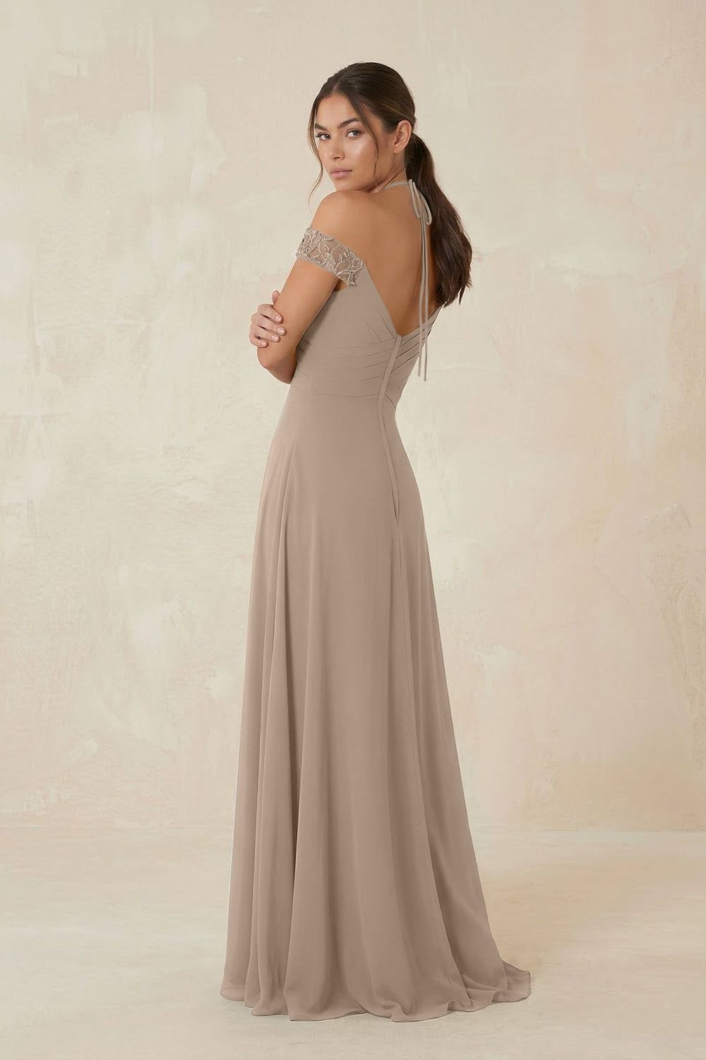 A-Line Off-the-Shoulder Chiffon Bridesmaid Dress in Almond