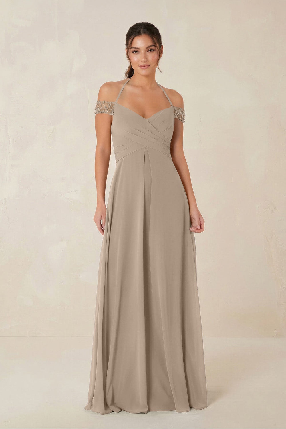 A-Line Off-the-Shoulder Chiffon Bridesmaid Dress in Almond