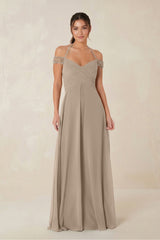 A-Line Off-the-Shoulder Chiffon Bridesmaid Dress in Almond | KISSBRIDAL