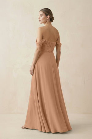 A-Line Off-the-Shoulder Chiffon Bridesmaid Dress in Bronzer - KISS BRIDAL BRIDESMAID DRESSES