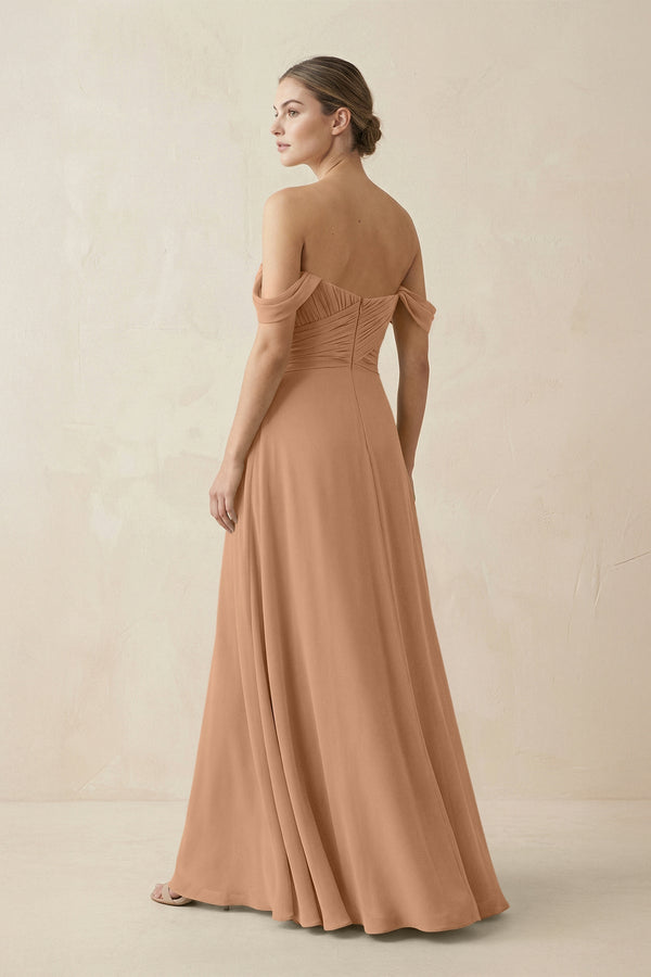 A-Line Off-the-Shoulder Chiffon Bridesmaid Dress in Bronzer - KISS BRIDAL BRIDESMAID DRESSES