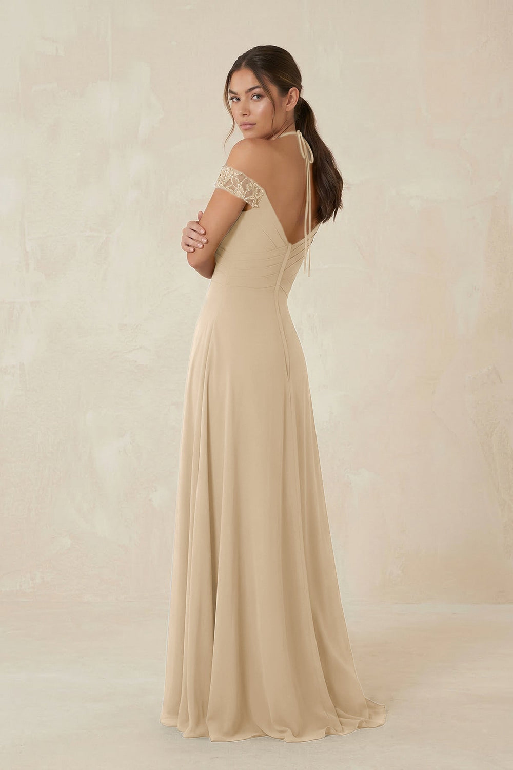 A-Line Off-the-Shoulder Chiffon Bridesmaid Dress in Champagne
