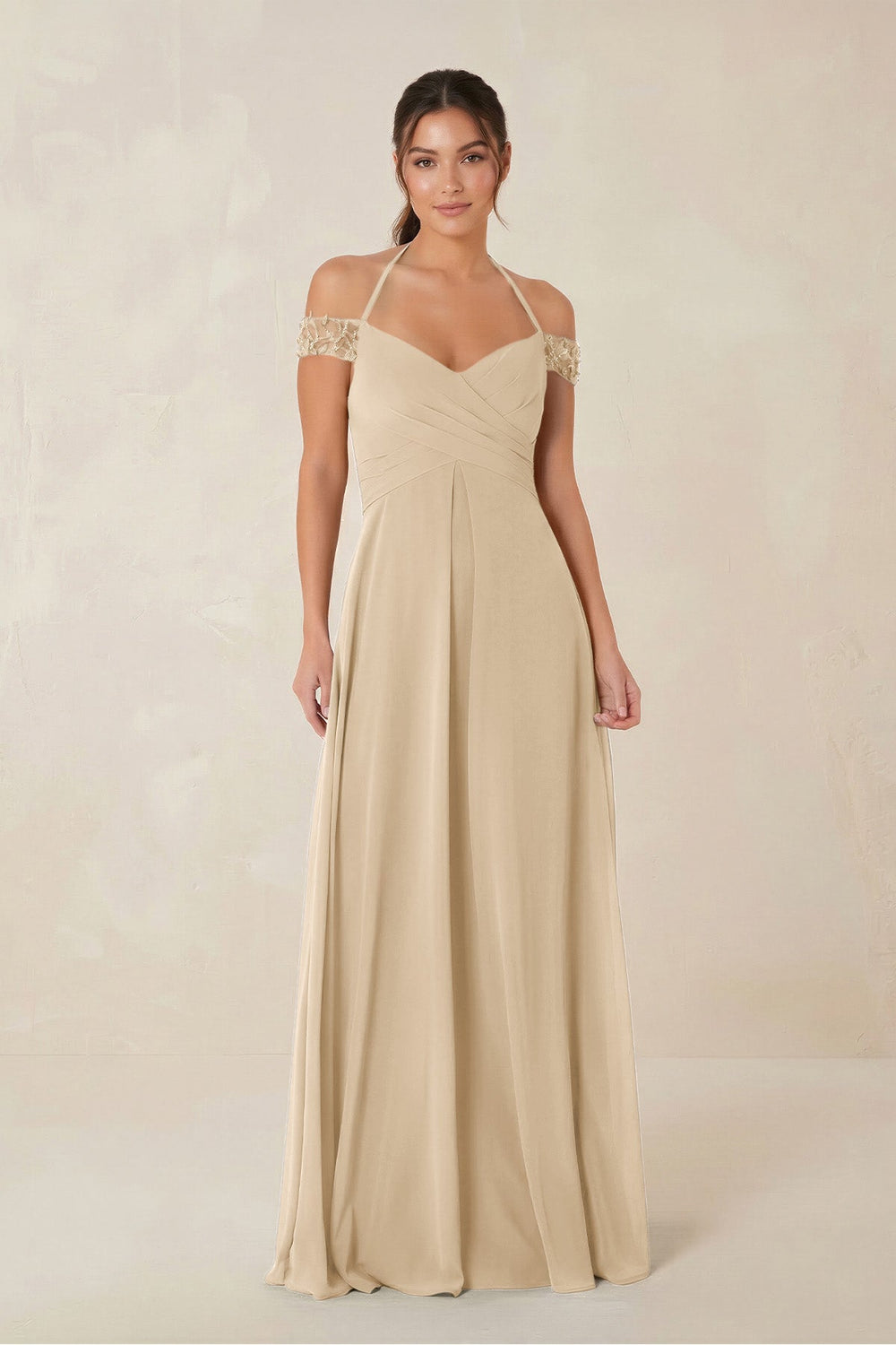 A-Line Off-the-Shoulder Chiffon Bridesmaid Dress in Champagne
