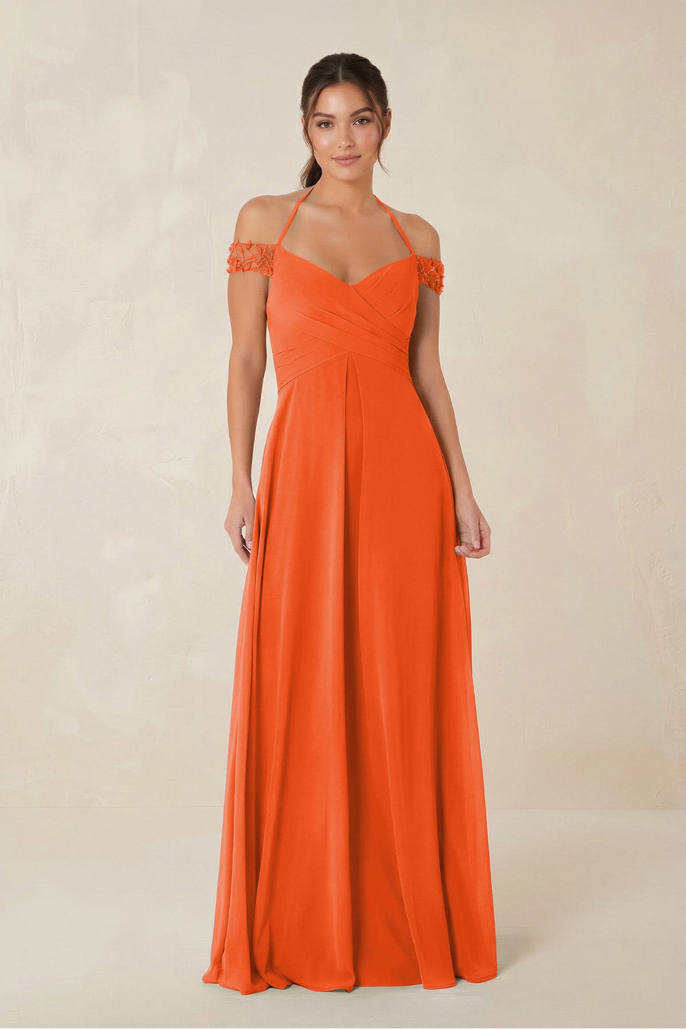 A-Line Off-the-Shoulder Chiffon Bridesmaid Dress in Cinnamon