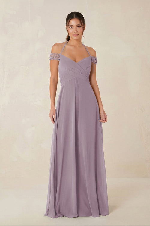 A-Line Off-the-Shoulder Chiffon Bridesmaid Dress in Dusk | KISSBRIDAL