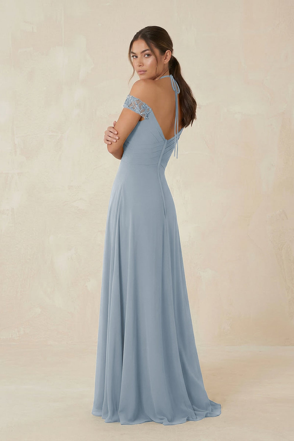 A-Line Off-the-Shoulder Chiffon Bridesmaid Dress in Dusty Blue