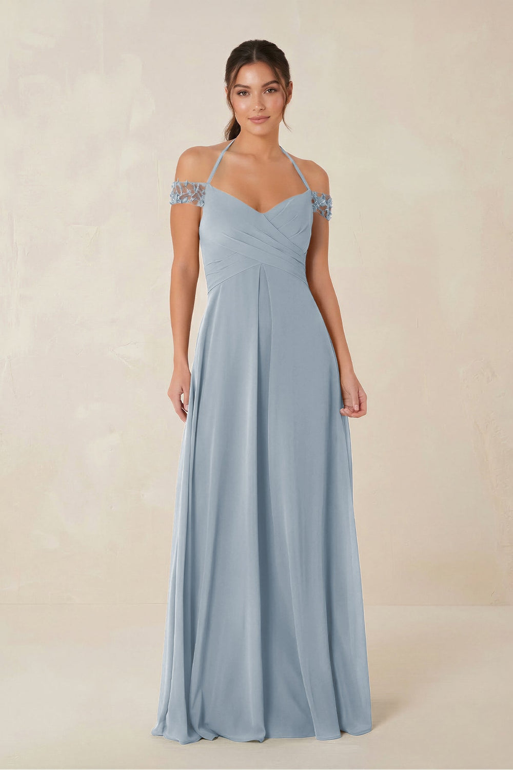 A-Line Off-the-Shoulder Chiffon Bridesmaid Dress in Dusty Blue