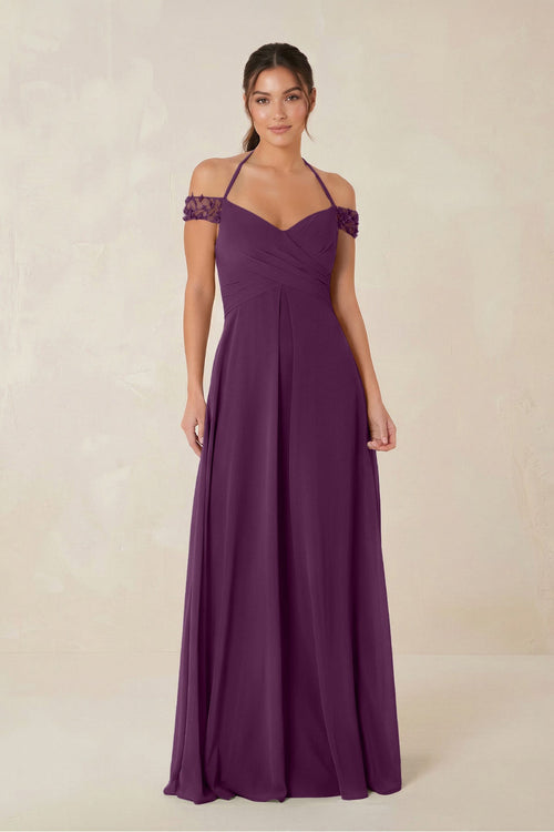 A-Line Off-the-Shoulder Chiffon Bridesmaid Dress in Fig | KISSBRIDAL