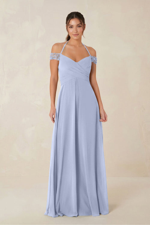 A-Line Off-the-Shoulder Chiffon Bridesmaid Dress in Ice | KISSBRIDAL
