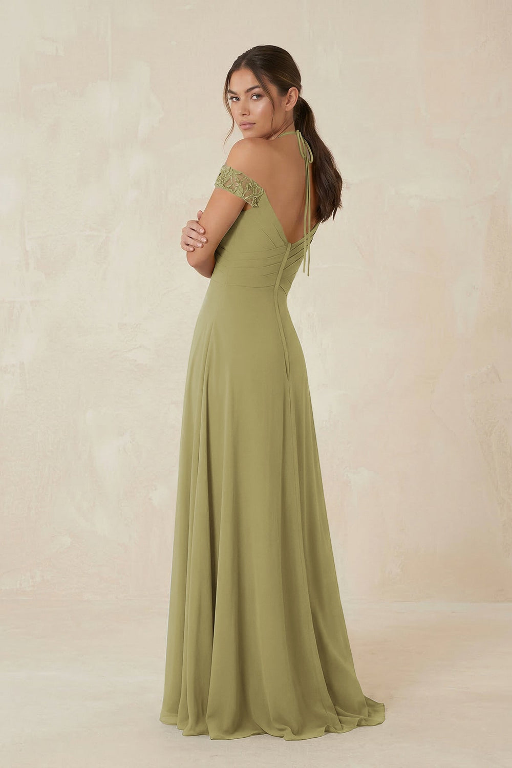 A-Line Off-the-Shoulder Chiffon Bridesmaid Dress in Moss Green