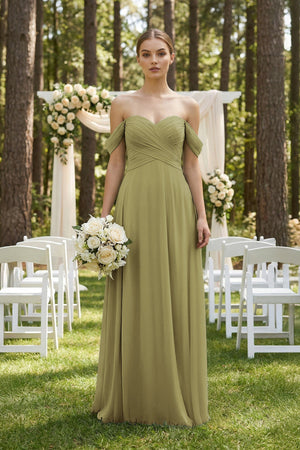 A-Line Off-the-Shoulder Chiffon Bridesmaid Dress in Moss Green (4) | KISSBRIDAL