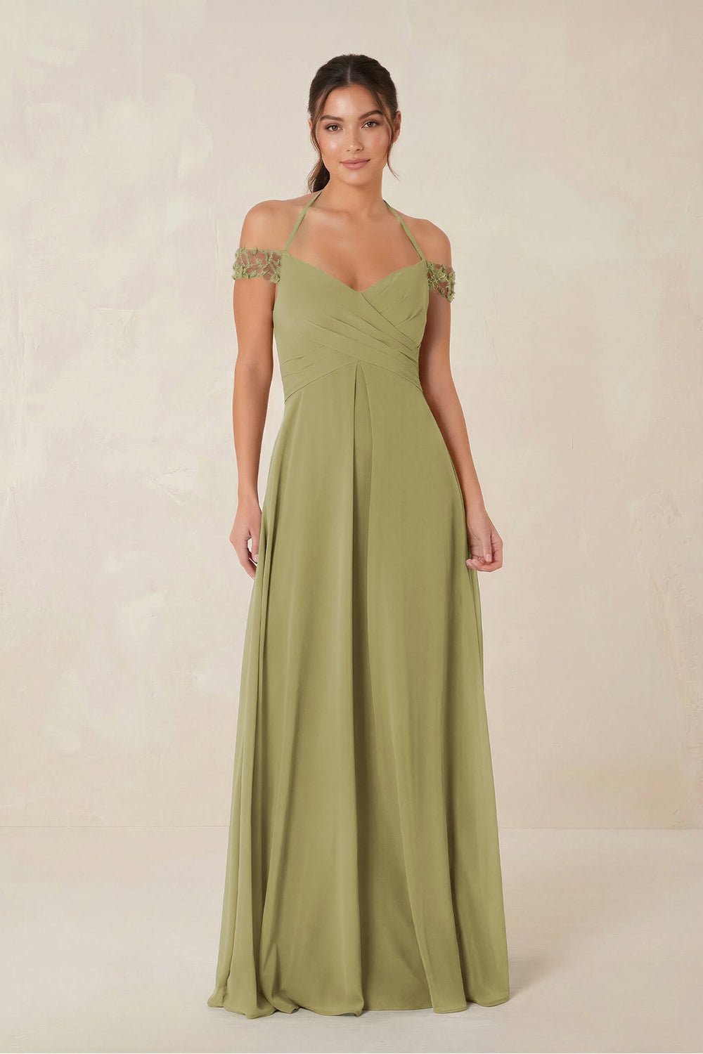 A-Line Off-the-Shoulder Chiffon Bridesmaid Dress in Moss Green