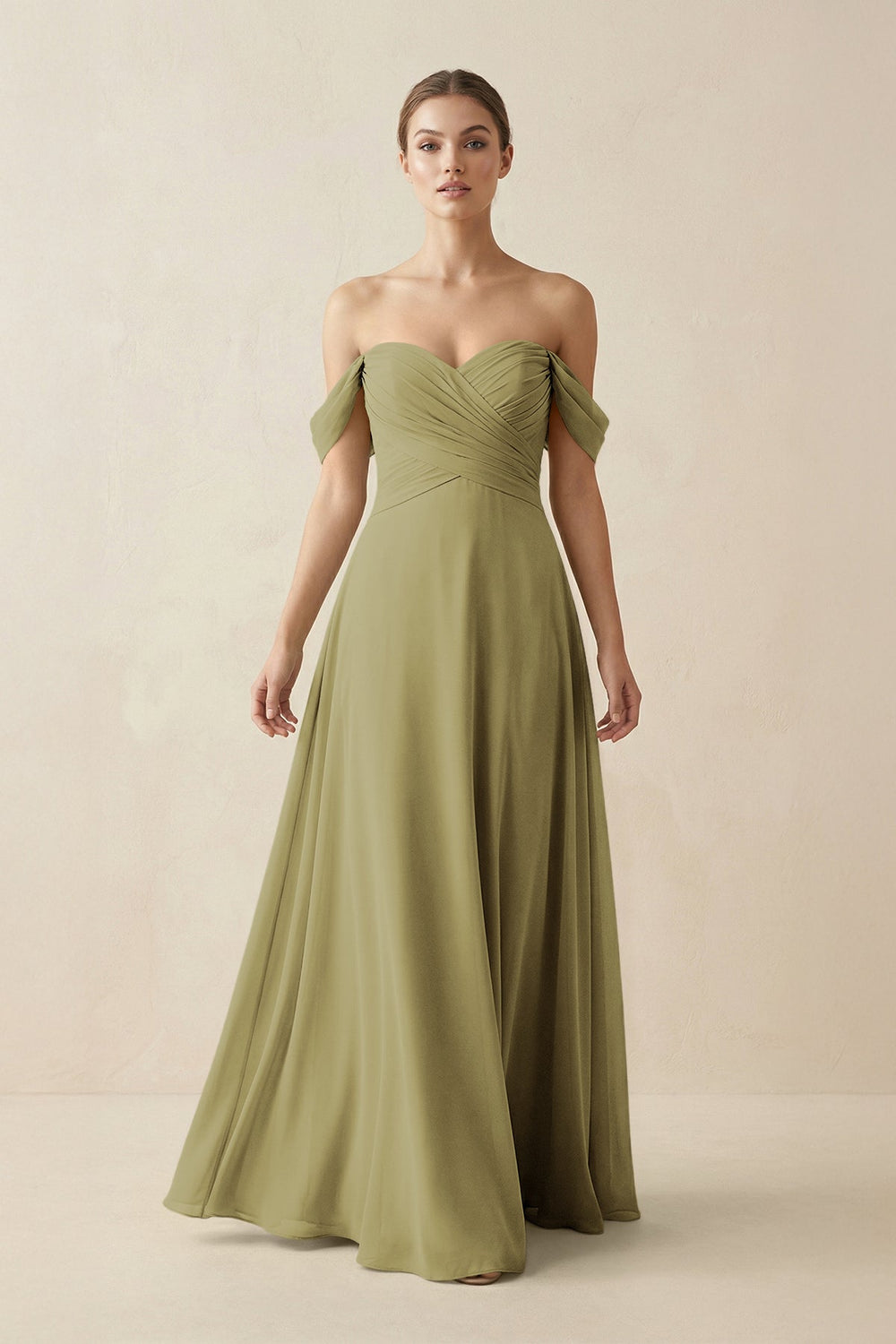 A-Line Off-the-Shoulder Chiffon Bridesmaid Dress in Moss Green